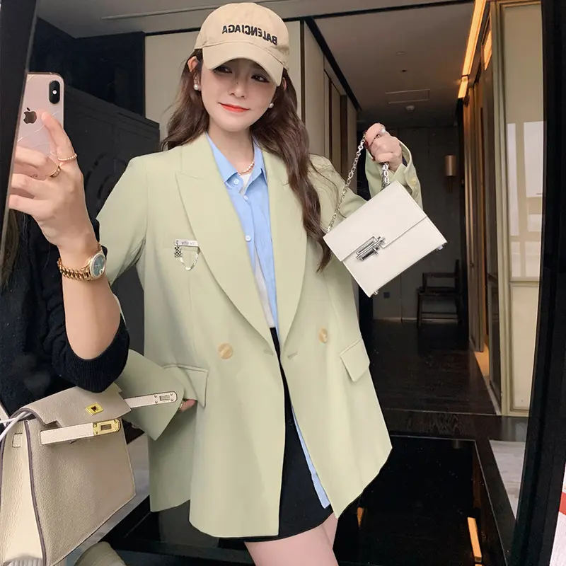 LANMREM Light Green Casual Blazer For Women Spring Autumn 2025 New Chic Design British Style Double Breasted Suit Coat 2DB3753