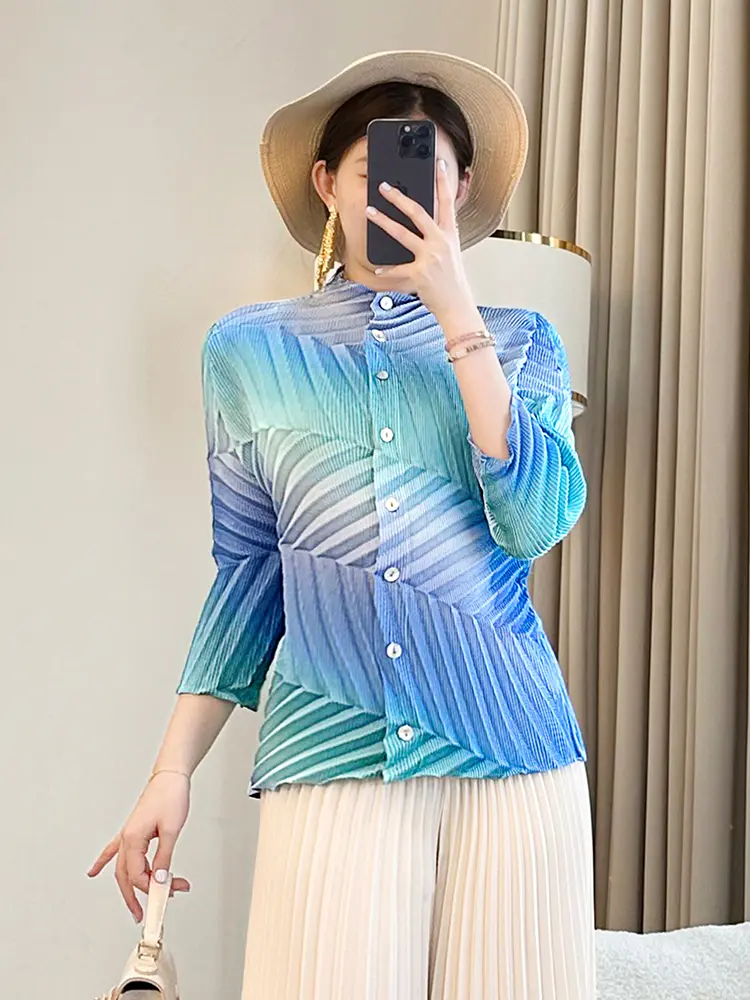 LANMREM Design Patchwork Colorblock Pleated Women's Cardigan Blouse Tops 2025 New Chic Three Quarter Sleeve Shirts Tide 2DB2978