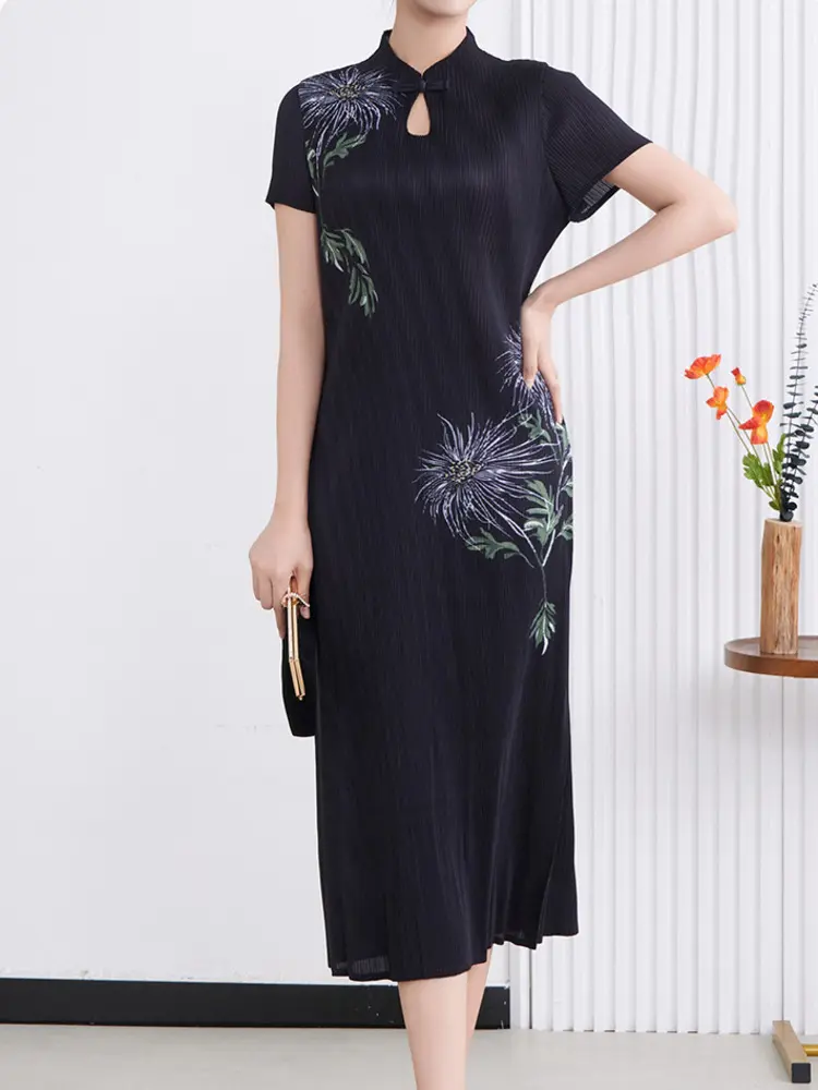 LANMREM Niche Chinese Style Cheongsam Pleated Dress For Women 2025 New Summer Print Short Sleeve Black Slim Fit Dresses 2DB3233