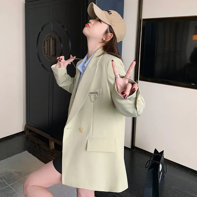 LANMREM Light Green Casual Blazer For Women Spring Autumn 2025 New Chic Design British Style Double Breasted Suit Coat 2DB3753