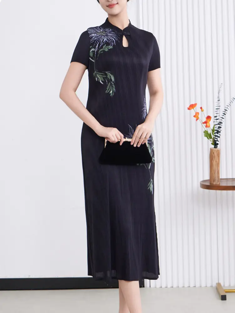 LANMREM Niche Chinese Style Cheongsam Pleated Dress For Women 2025 New Summer Print Short Sleeve Black Slim Fit Dresses 2DB3233