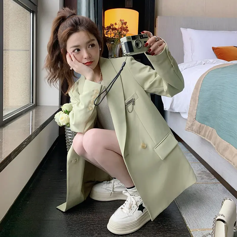 LANMREM Light Green Casual Blazer For Women Spring Autumn 2025 New Chic Design British Style Double Breasted Suit Coat 2DB3753