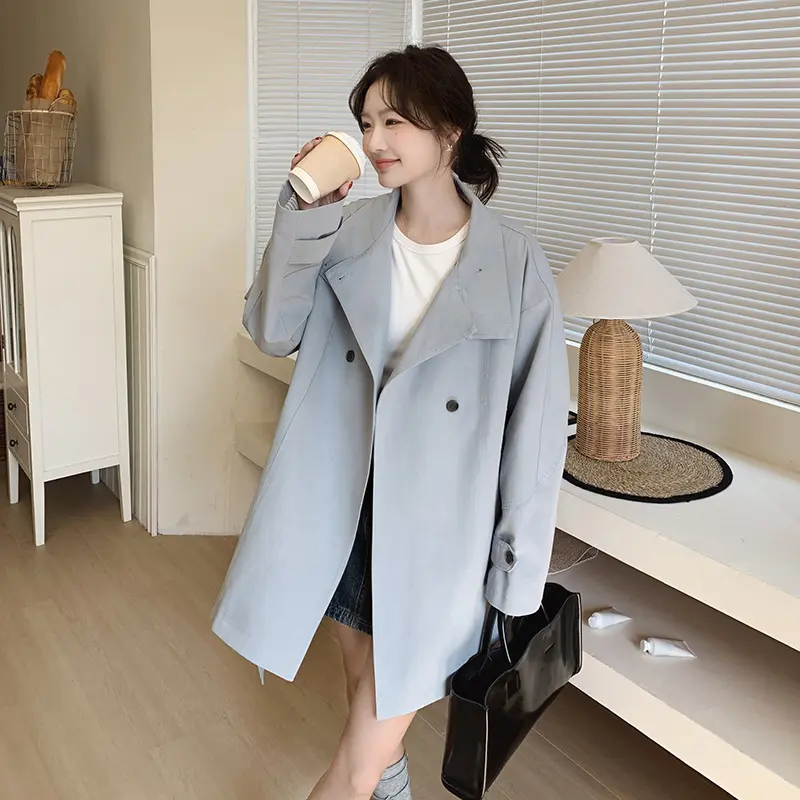 LANMREM Korean Style Cuff Striped Patchwork Blue Women's Trench Coat 2025 New Casual Double Breasted Loose Windbreaker 2DB3652