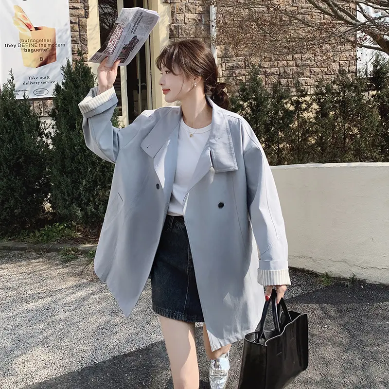LANMREM Korean Style Cuff Striped Patchwork Blue Women's Trench Coat 2025 New Casual Double Breasted Loose Windbreaker 2DB3652
