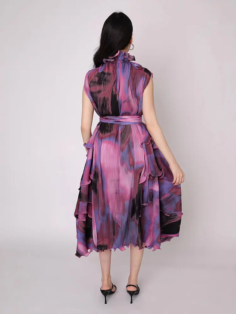 LANMREM Niche Trendy Sleeveless Dyed Printting Women's Pleated Dress 2025 New Summer Ruffle Design Irregular Dresses 2DB3479