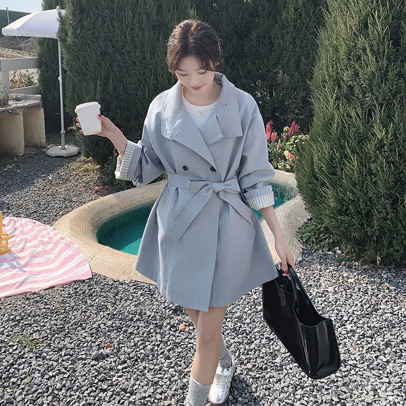 LANMREM Korean Style Cuff Striped Patchwork Blue Women's Trench Coat 2025 New Casual Double Breasted Loose Windbreaker 2DB3652