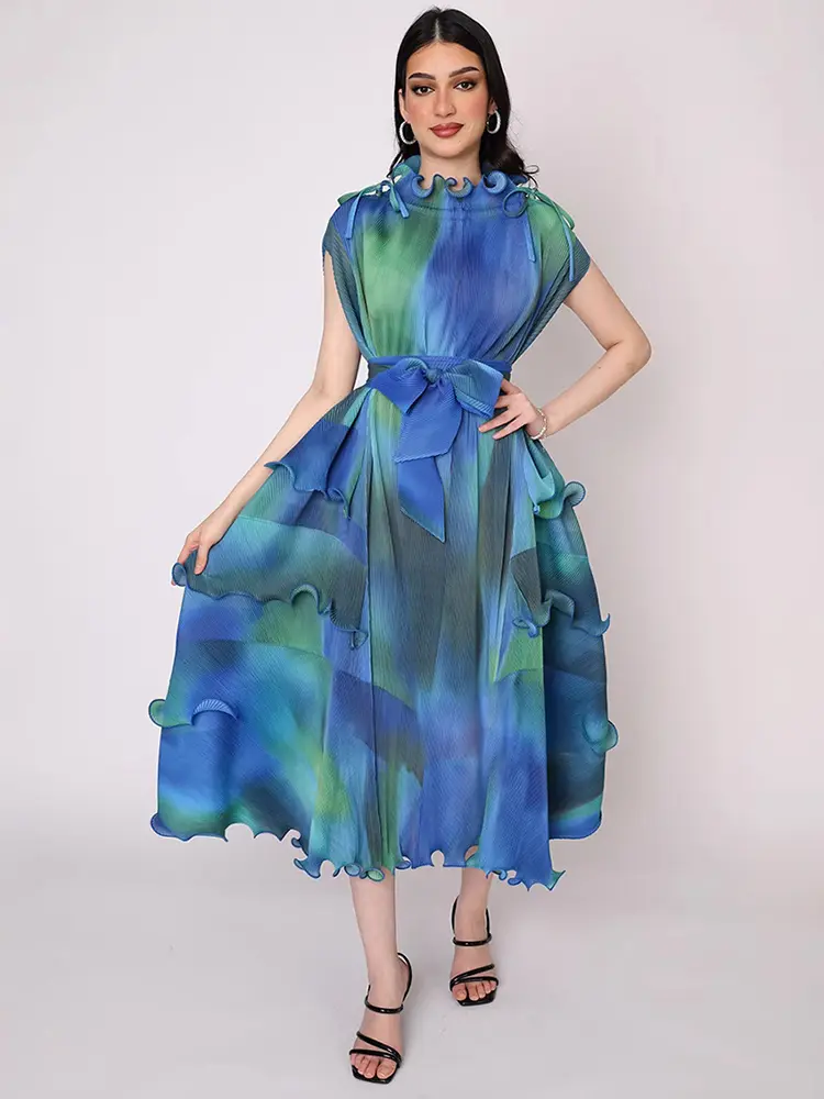 LANMREM Niche Trendy Sleeveless Dyed Printting Women's Pleated Dress 2025 New Summer Ruffle Design Irregular Dresses 2DB3479