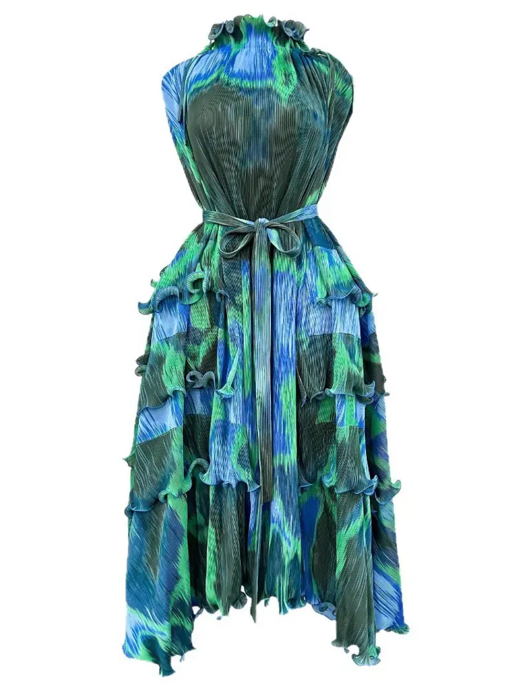 LANMREM Niche Trendy Sleeveless Dyed Printting Women's Pleated Dress 2025 New Summer Ruffle Design Irregular Dresses 2DB3479