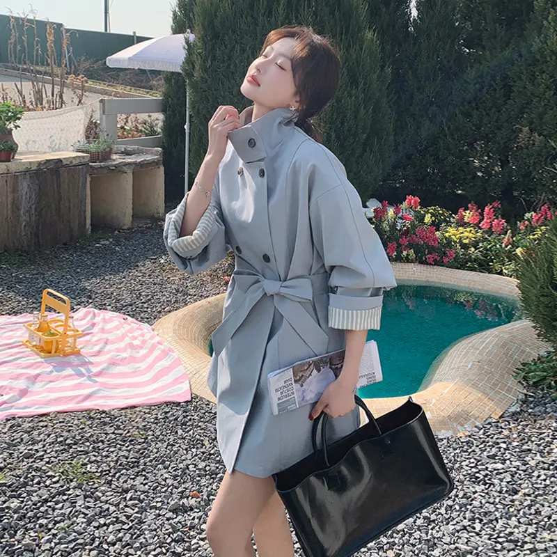 LANMREM Korean Style Cuff Striped Patchwork Blue Women's Trench Coat 2025 New Casual Double Breasted Loose Windbreaker 2DB3652