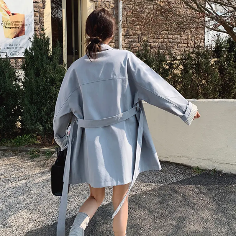 LANMREM Korean Style Cuff Striped Patchwork Blue Women's Trench Coat 2025 New Casual Double Breasted Loose Windbreaker 2DB3652