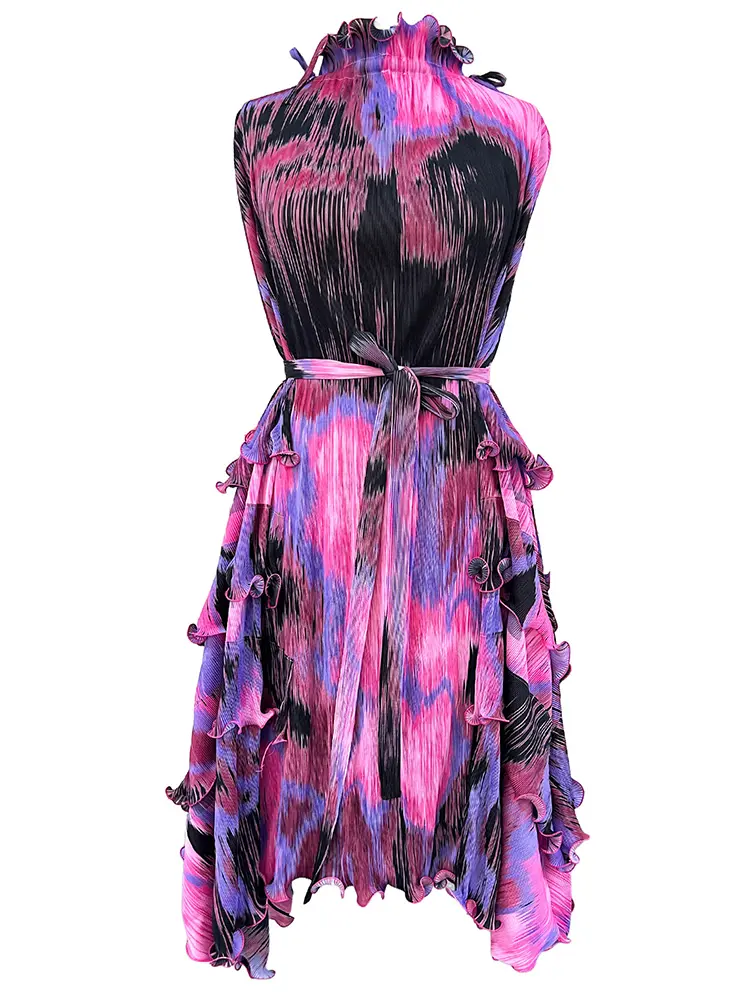 LANMREM Niche Trendy Sleeveless Dyed Printting Women's Pleated Dress 2025 New Summer Ruffle Design Irregular Dresses 2DB3479