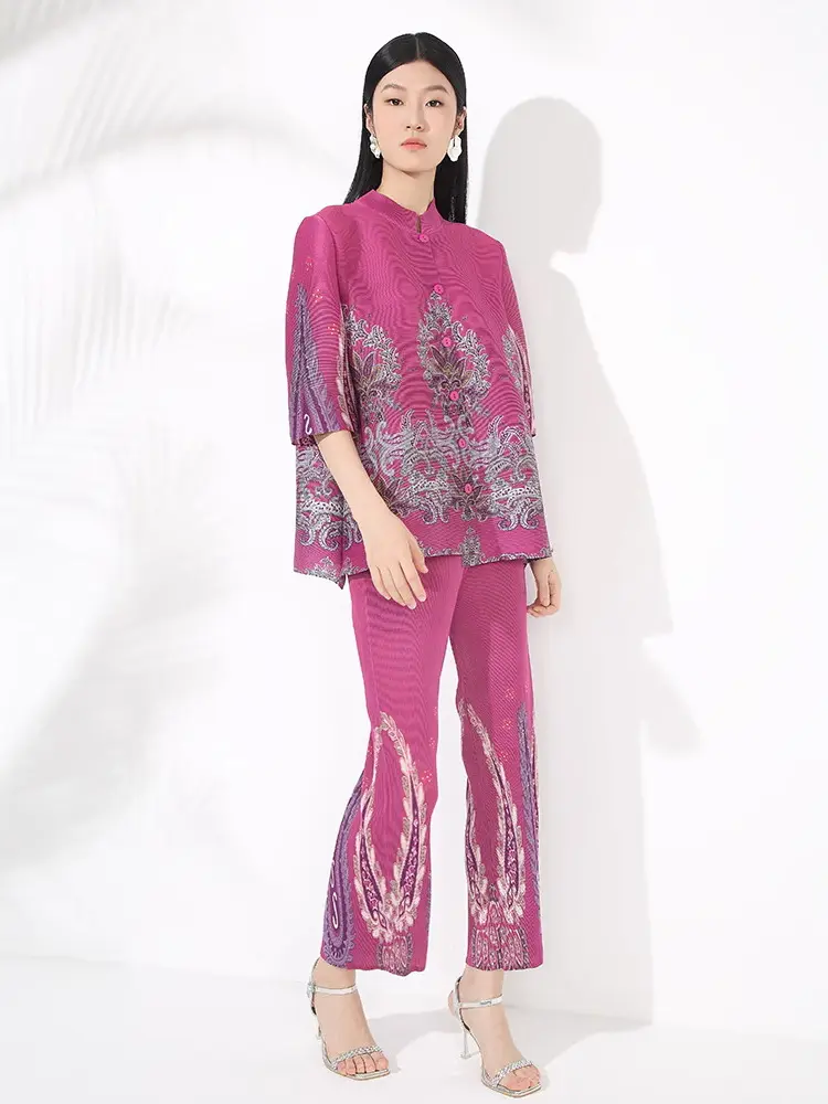 LANMREM Chic Printting Pleated Women's Two Pieces Set Half Sleeve Stand Collar Single Breasted Top And High Waist Straight Pants