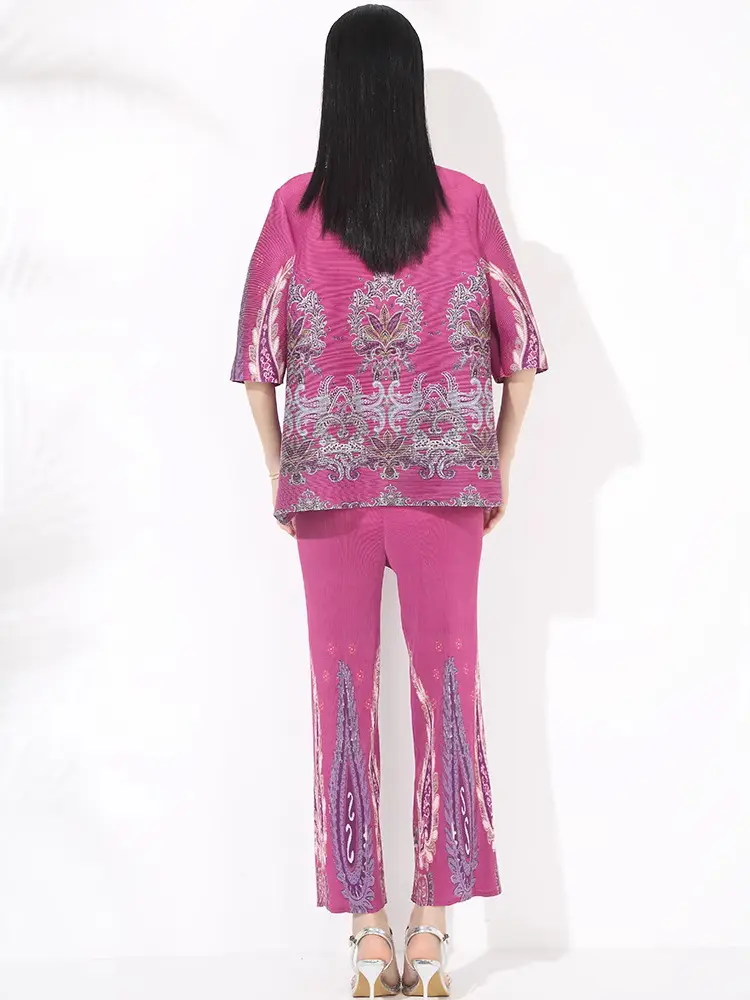 LANMREM Chic Printting Pleated Women's Two Pieces Set Half Sleeve Stand Collar Single Breasted Top And High Waist Straight Pants