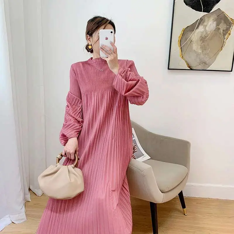 LANMREM Pleated Puff Sleeve Dress 2025  New Solid Color Long Dress Loose Fold Women's Dresses 2D1734