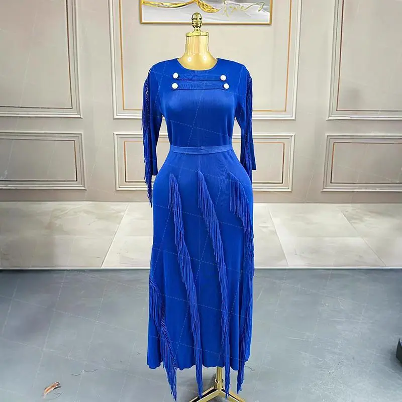 LANMREM Women's Summer High-End Tassel Spliced Pleated Dress O-neck Long Sleeve Black Elastic Wrinkled Famale Clothing 2DB3816