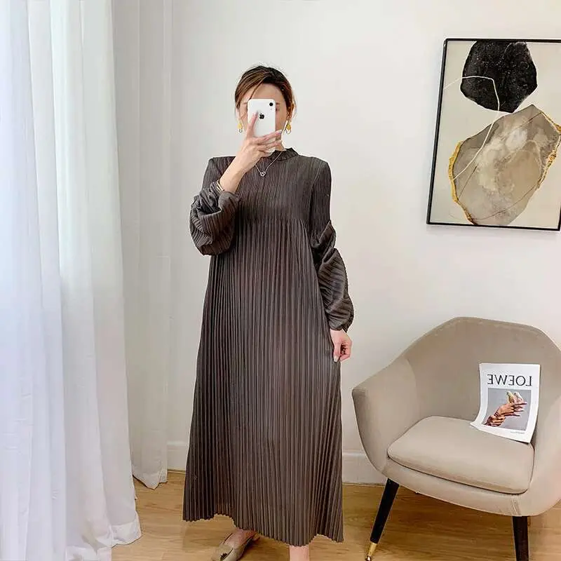 LANMREM Pleated Puff Sleeve Dress 2025  New Solid Color Long Dress Loose Fold Women's Dresses 2D1734