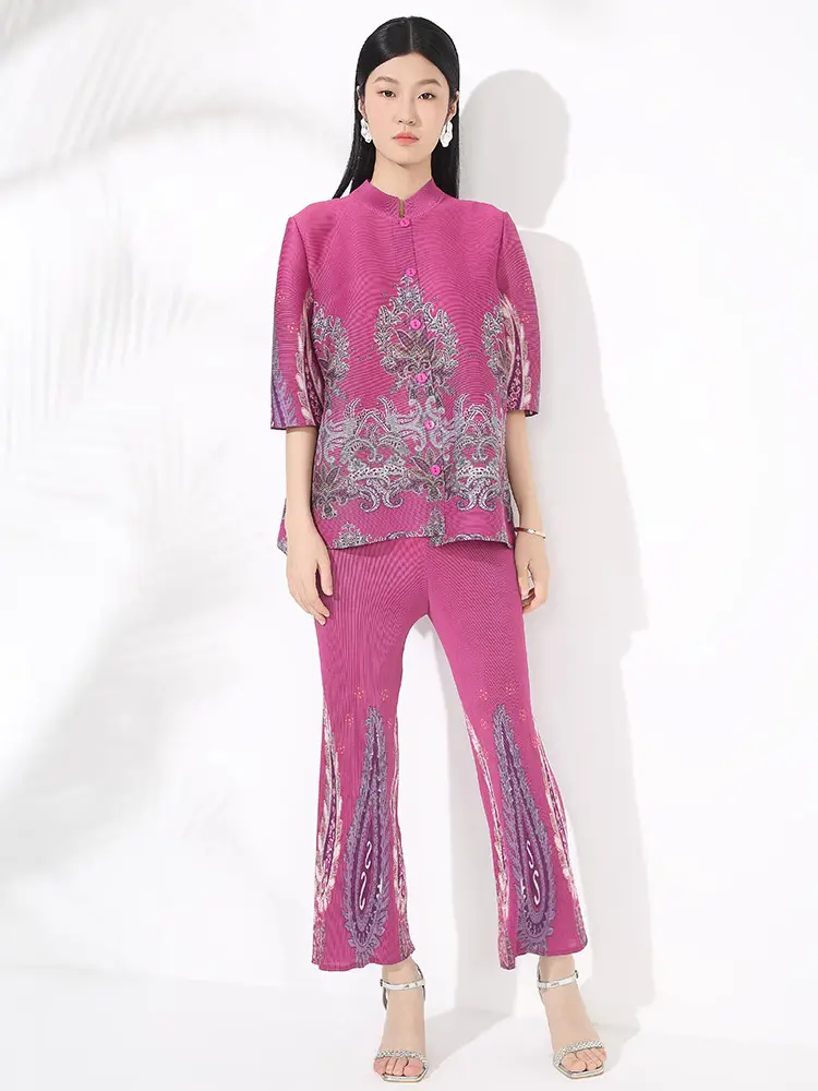 LANMREM Chic Printting Pleated Women's Two Pieces Set Half Sleeve Stand Collar Single Breasted Top And High Waist Straight Pants