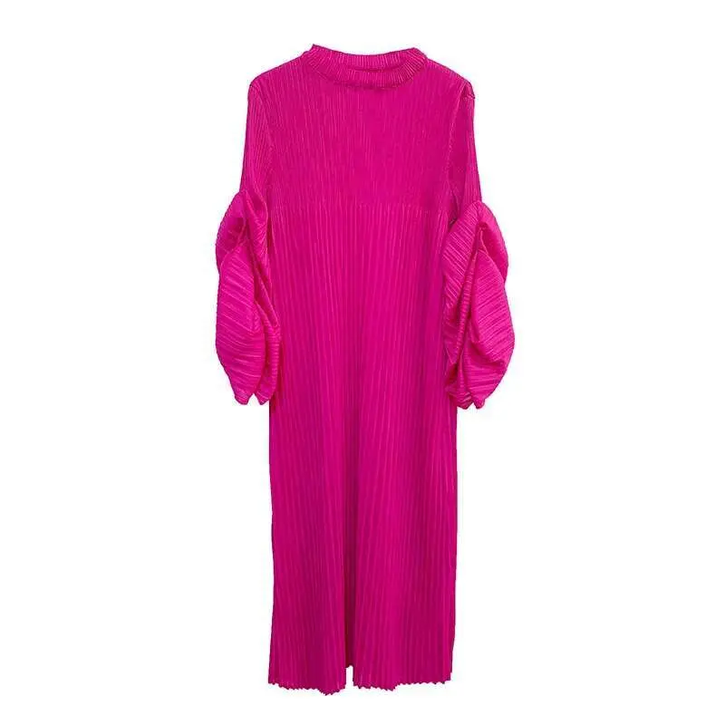 LANMREM Pleated Puff Sleeve Dress 2025  New Solid Color Long Dress Loose Fold Women's Dresses 2D1734