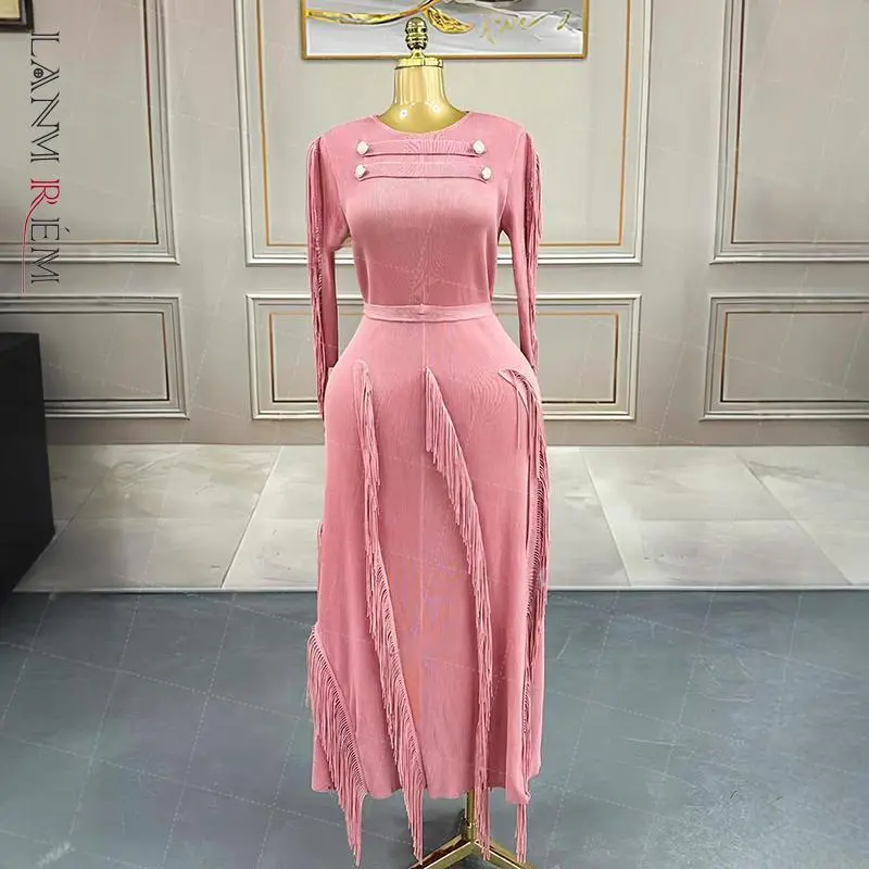 LANMREM Women's Summer High-End Tassel Spliced Pleated Dress O-neck Long Sleeve Black Elastic Wrinkled Famale Clothing 2DB3816