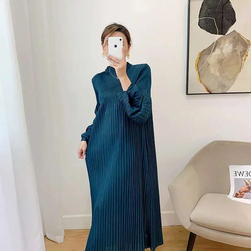 LANMREM Pleated Puff Sleeve Dress 2025  New Solid Color Long Dress Loose Fold Women's Dresses 2D1734