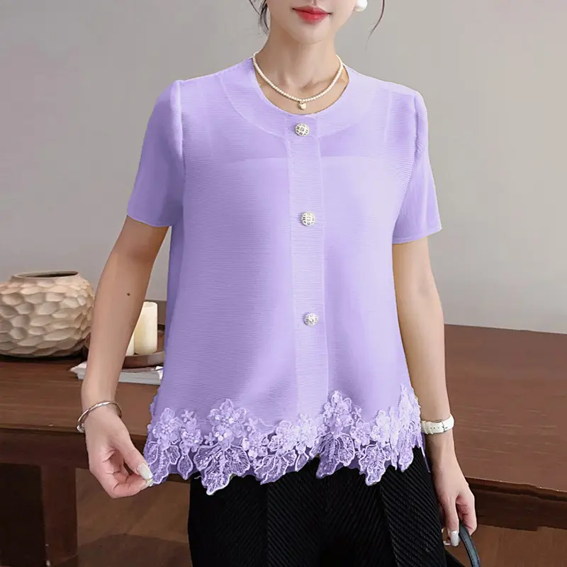 LANMREM Yellow Pleated Top Summer New Women's Fashion Design Patchwork Single-Breasted O-neck Loose Short Sleeve Shirt 2DB3623