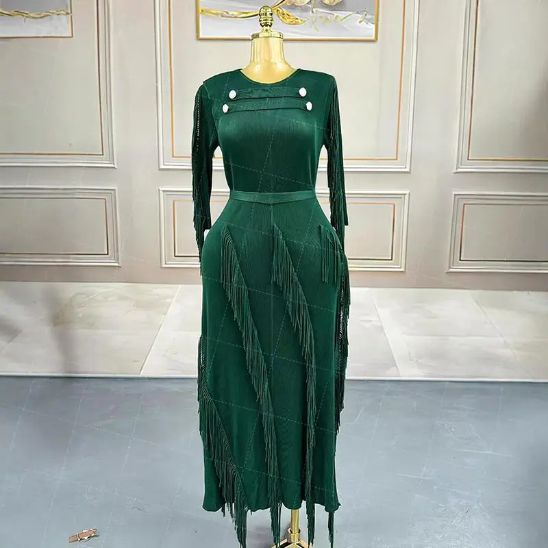 LANMREM Women's Summer High-End Tassel Spliced Pleated Dress O-neck Long Sleeve Black Elastic Wrinkled Famale Clothing 2DB3816