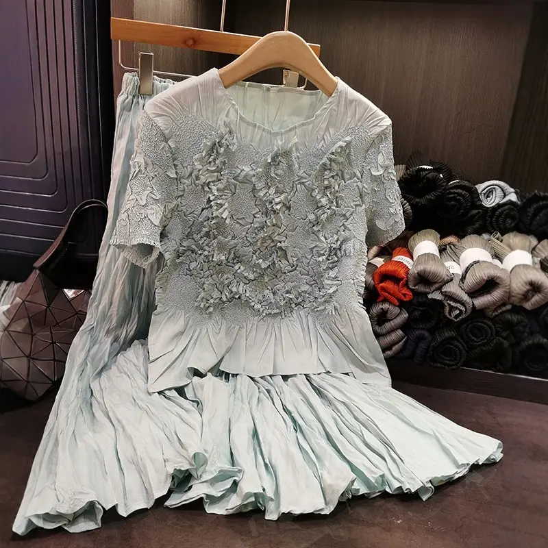 LANMREM Irregular Pleated Design Women's Two-piece Set 2025 New Summer Short Sleeve T-shirts +elastic Waist A-line Skirt 2DB3053