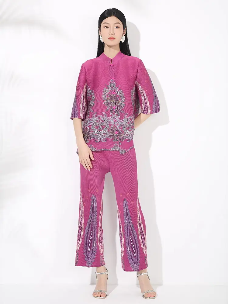 LANMREM Chic Printting Pleated Women's Two Pieces Set Half Sleeve Stand Collar Single Breasted Top And High Waist Straight Pants