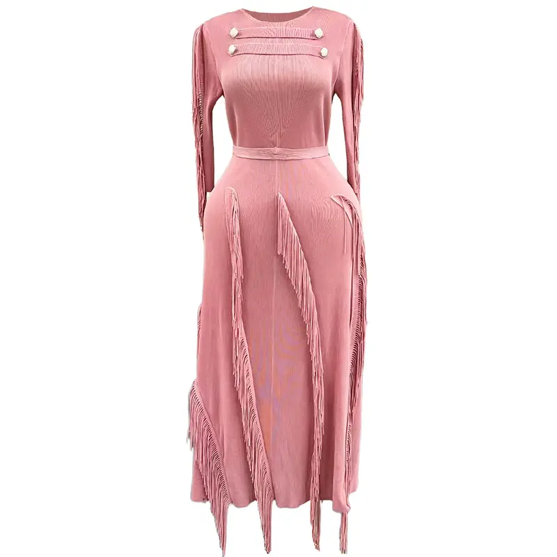LANMREM Women's Summer High-End Tassel Spliced Pleated Dress O-neck Long Sleeve Black Elastic Wrinkled Famale Clothing 2DB3816