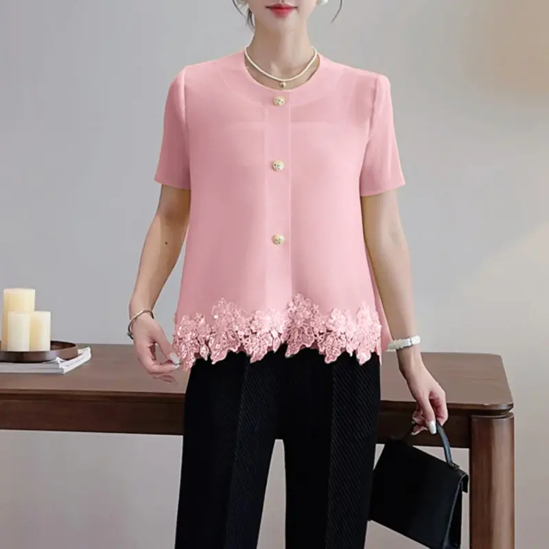 LANMREM Yellow Pleated Top Summer New Women's Fashion Design Patchwork Single-Breasted O-neck Loose Short Sleeve Shirt 2DB3623
