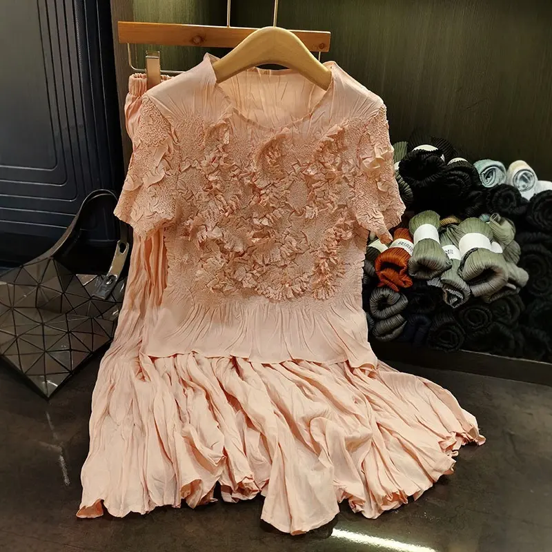 LANMREM Irregular Pleated Design Women's Two-piece Set 2025 New Summer Short Sleeve T-shirts +elastic Waist A-line Skirt 2DB3053