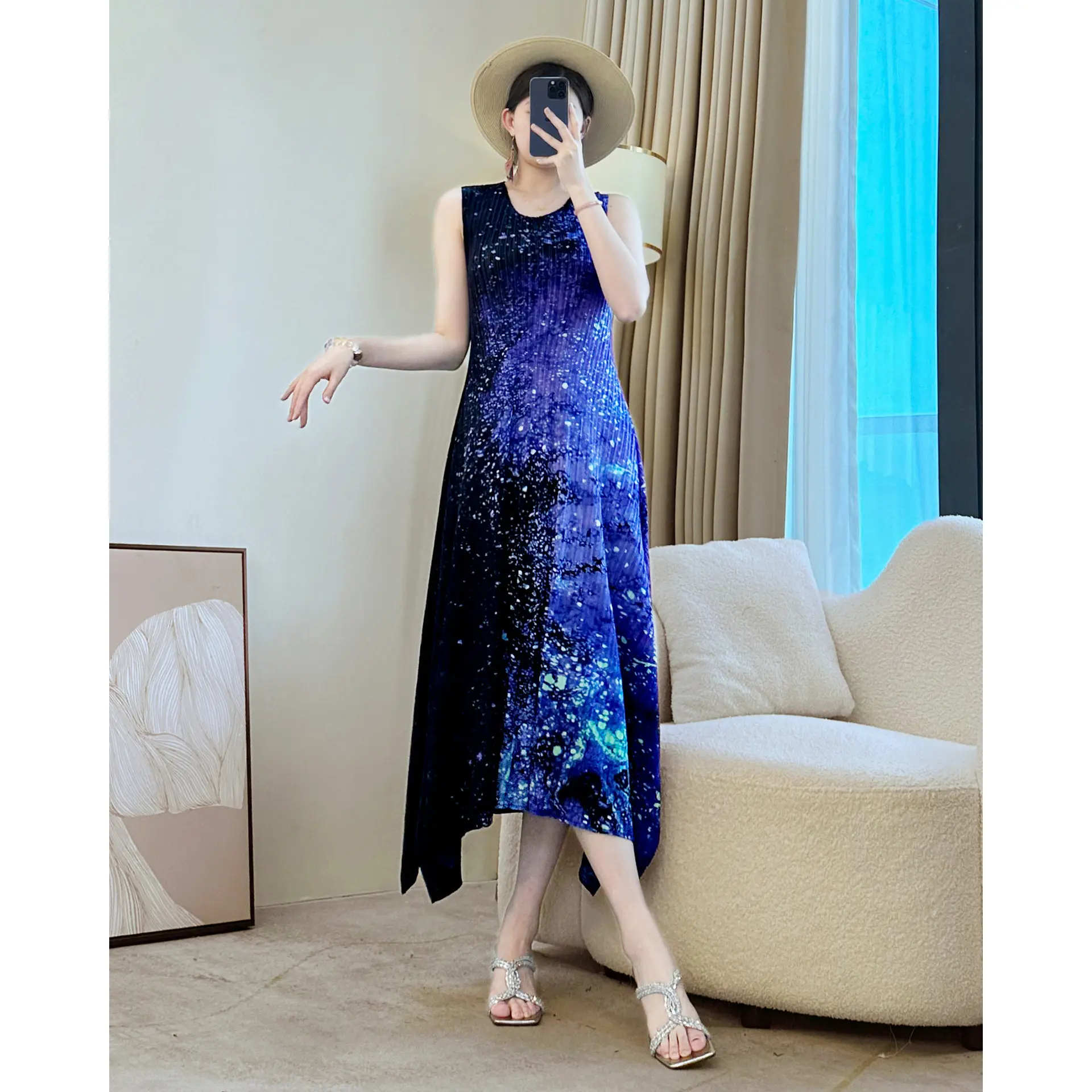 LANMREM Irregular Printting Pleated Women's Dress Navy Blue Temperament Round Collar Elastic Slim Sleeveless Dresses 2DB3548