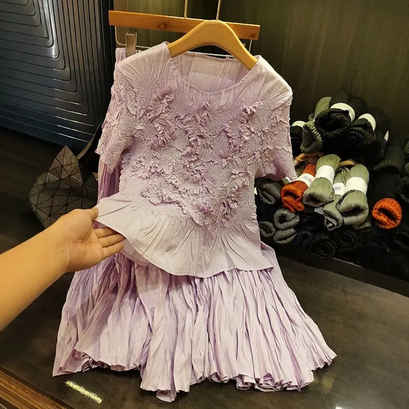 LANMREM Irregular Pleated Design Women's Two-piece Set 2025 New Summer Short Sleeve T-shirts +elastic Waist A-line Skirt 2DB3053