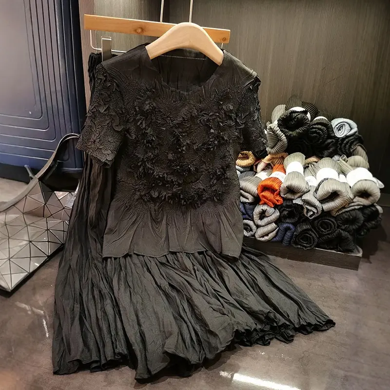 LANMREM Irregular Pleated Design Women's Two-piece Set 2025 New Summer Short Sleeve T-shirts +elastic Waist A-line Skirt 2DB3053