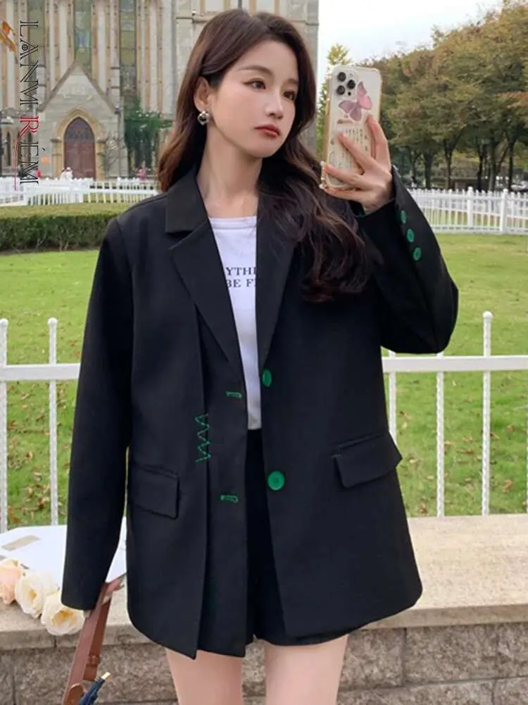 LANMREM Embroidery Contrast Color Blazer Women Notched Collar Single Breasted Coat Fashion 2025 Spring New Clothing 2AA2124