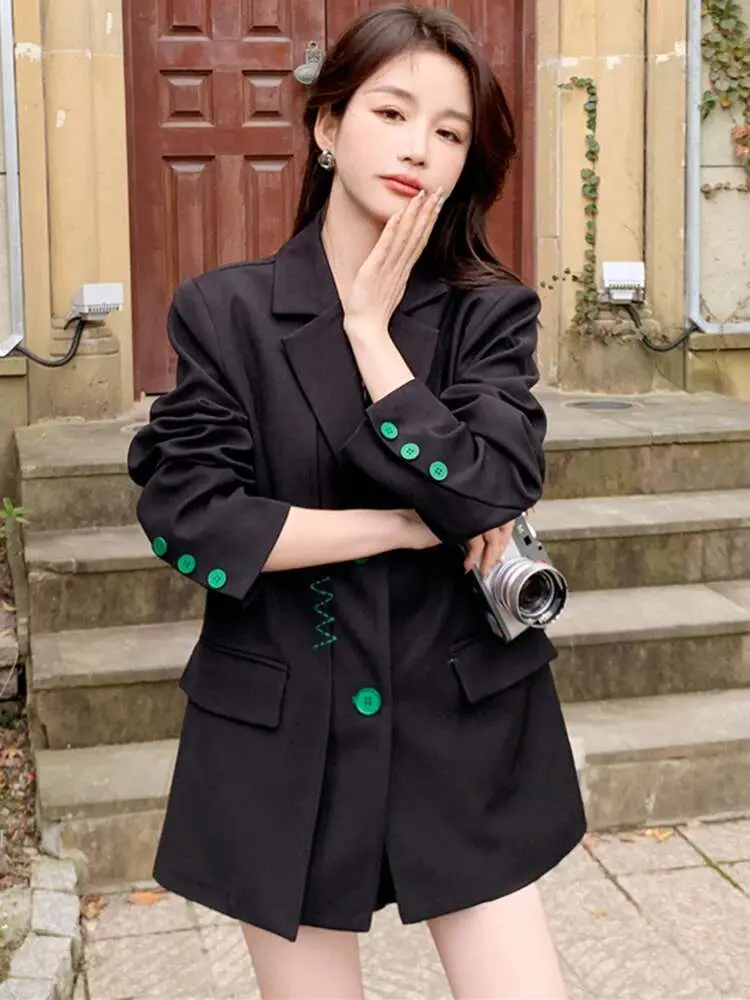 LANMREM Embroidery Contrast Color Blazer Women Notched Collar Single Breasted Coat Fashion 2025 Spring New Clothing 2AA2124