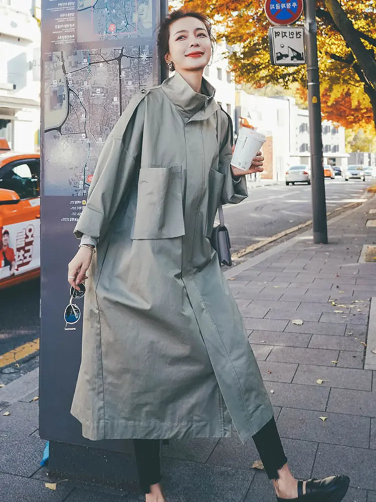 LANMREM Korean Chic Oversize Stand Collar Windbreaker Women's Loose Drawstring Waist Casual Workwear Silhouette Jacket 2DB3485