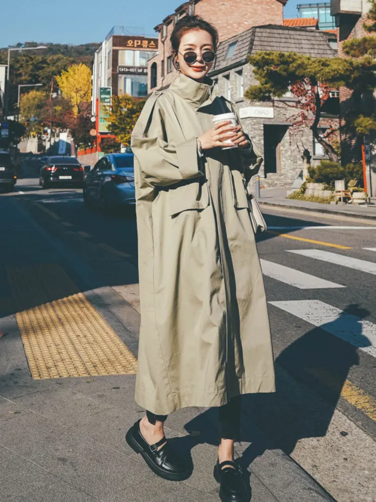 LANMREM Korean Chic Oversize Stand Collar Windbreaker Women's Loose Drawstring Waist Casual Workwear Silhouette Jacket 2DB3485