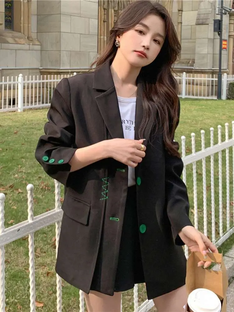 LANMREM Embroidery Contrast Color Blazer Women Notched Collar Single Breasted Coat Fashion 2025 Spring New Clothing 2AA2124