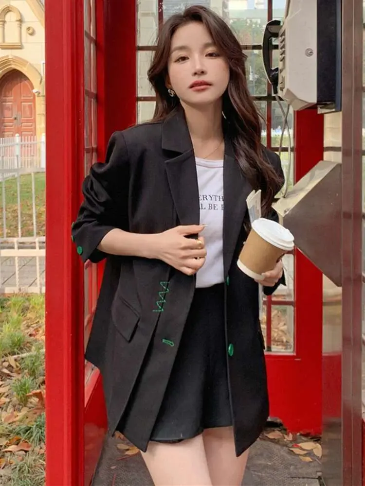 LANMREM Embroidery Contrast Color Blazer Women Notched Collar Single Breasted Coat Fashion 2025 Spring New Clothing 2AA2124