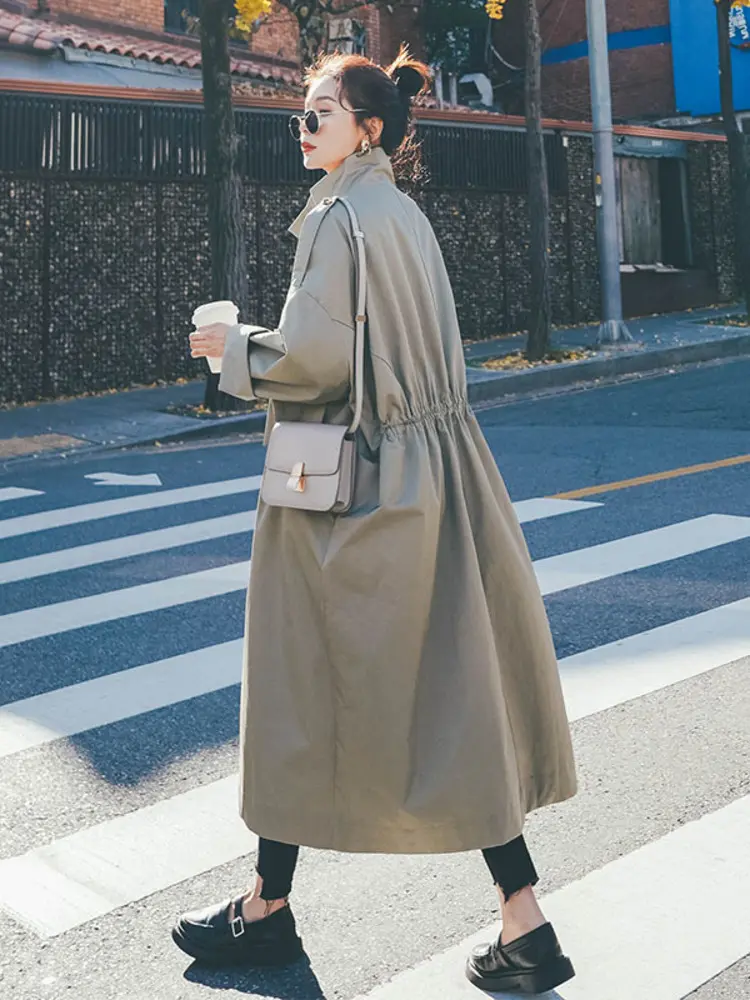 LANMREM Korean Chic Oversize Stand Collar Windbreaker Women's Loose Drawstring Waist Casual Workwear Silhouette Jacket 2DB3485