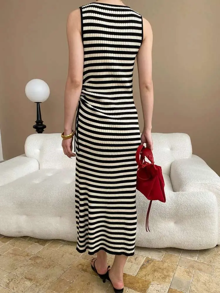 LANMREM Chic French Striped Knitted Dress Women Tide 2025 New Color Contrast Round Neck Sleeveless Lace-up Waist Dresses 2DE622