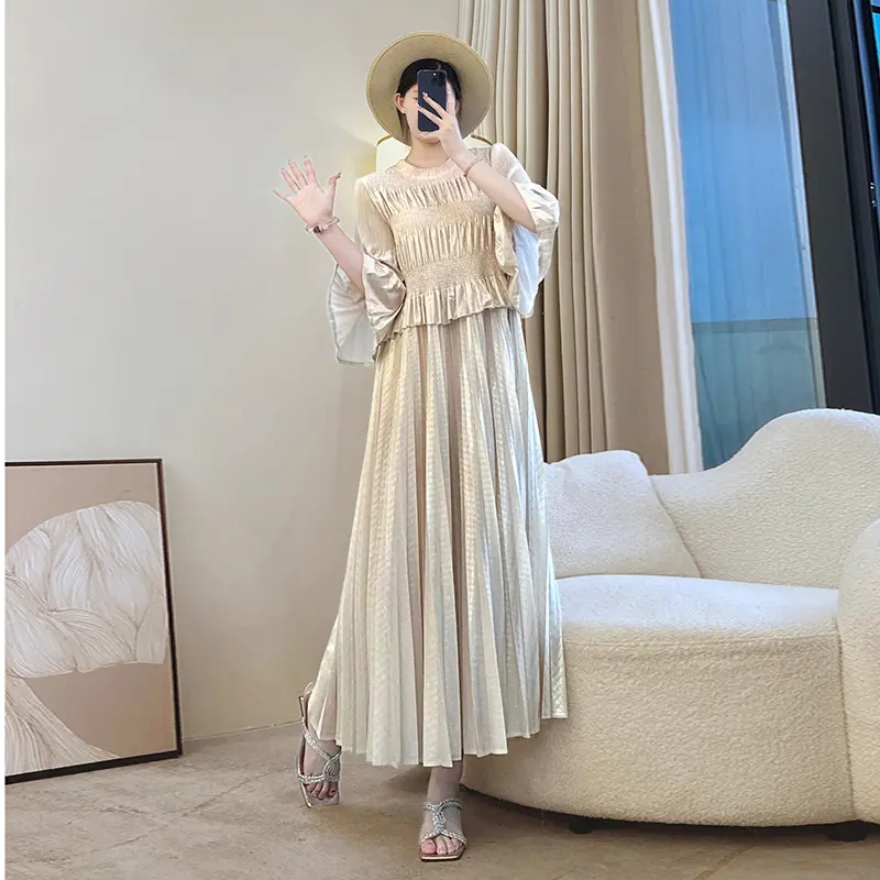 LANMREM 2025 New Pleated Fake Two Pieces Women's Dress Elastic Patchwork Design Beige Dresses Loose Famale Clothing Chic 2DB3666