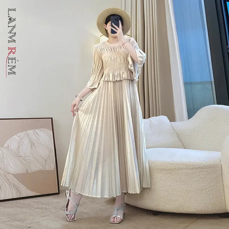 LANMREM 2025 New Pleated Fake Two Pieces Women's Dress Elastic Patchwork Design Beige Dresses Loose Famale Clothing Chic 2DB3666
