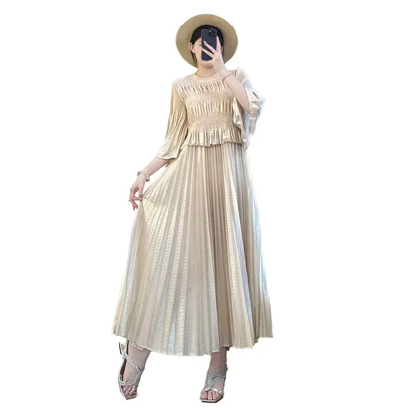 LANMREM 2025 New Pleated Fake Two Pieces Women's Dress Elastic Patchwork Design Beige Dresses Loose Famale Clothing Chic 2DB3666