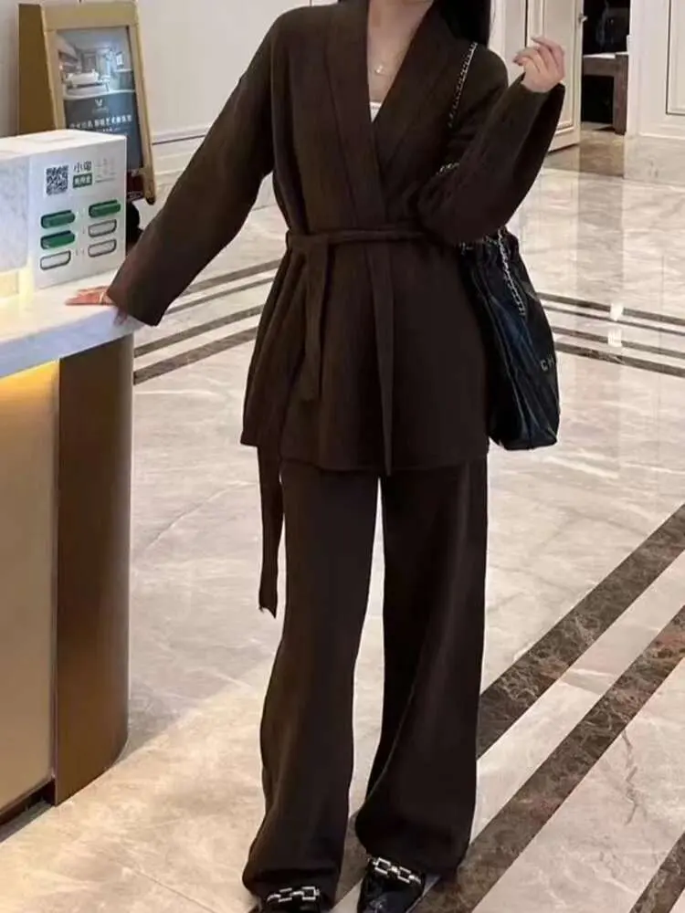 LANMREM Loose Knit Cardigan Two-piece Set High-end Temperament Belt Sweater Top With Wide Leg Trousers Female Fashion 2DB1488
