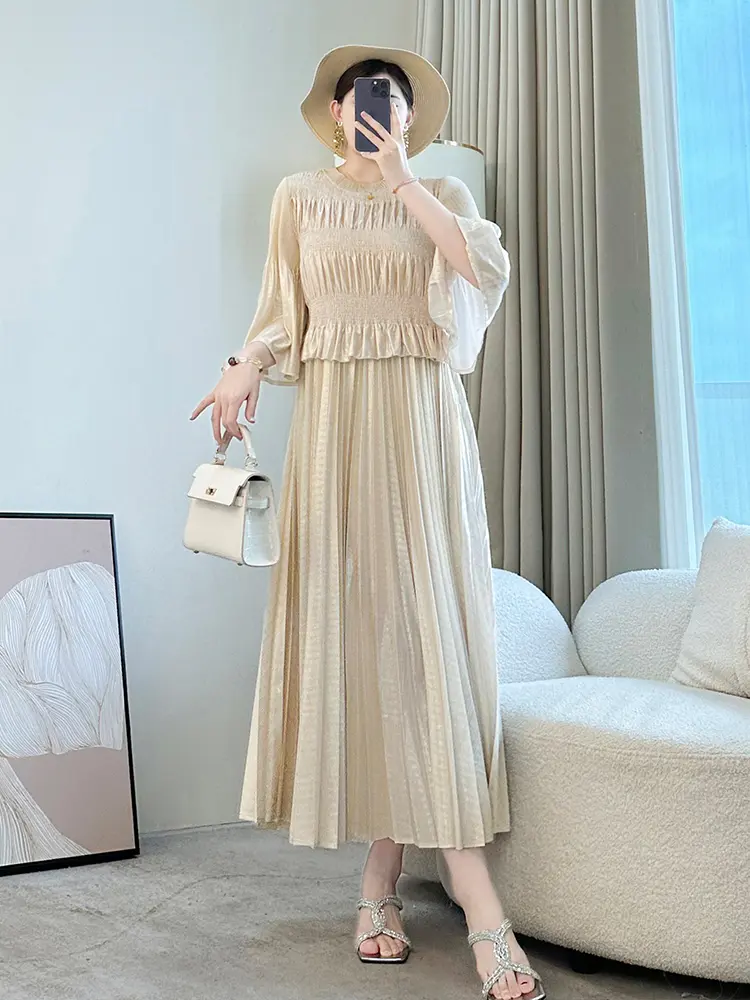 LANMREM Apricot Loose Fake Two Pieces Spliced Pleated Women's Dress 2025 New Summer Three Quarter Sleeve Chic Dresses  2DB3376