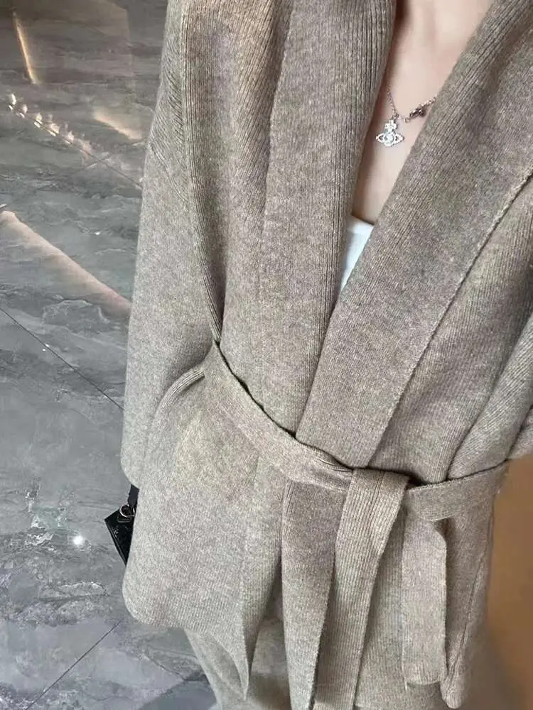 LANMREM Loose Knit Cardigan Two-piece Set High-end Temperament Belt Sweater Top With Wide Leg Trousers Female Fashion 2DB1488