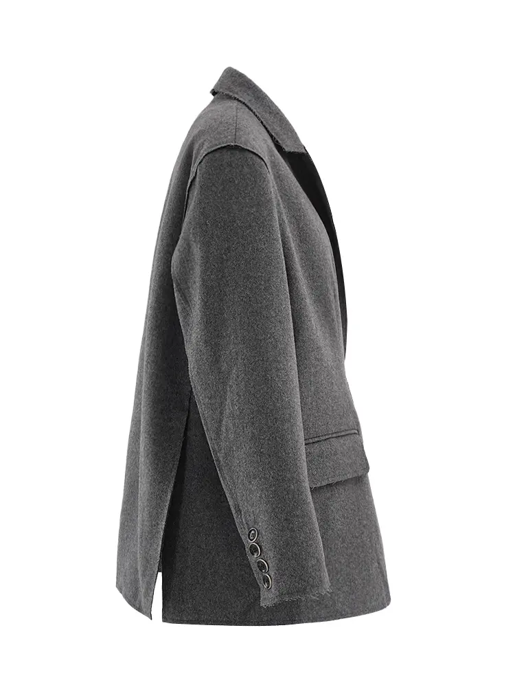 LANMREM Woolen Gray Blazers Women Notched Collar Long Sleeves Single Button Irregular Coats 2024 Winter New Office Lady 25A8452