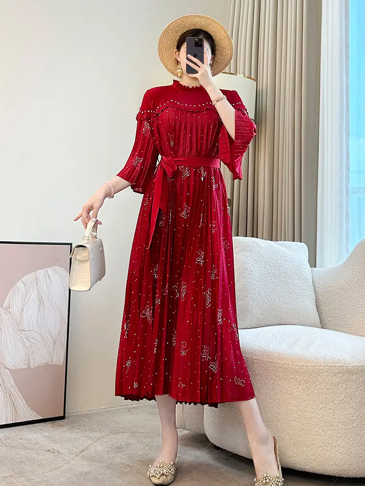 LANMREM Embroidered Flares Design Pleated Dress For Women 2025 New Stand Collar Bandage Tide Flare Sleeve Print Dresses 2DB3127